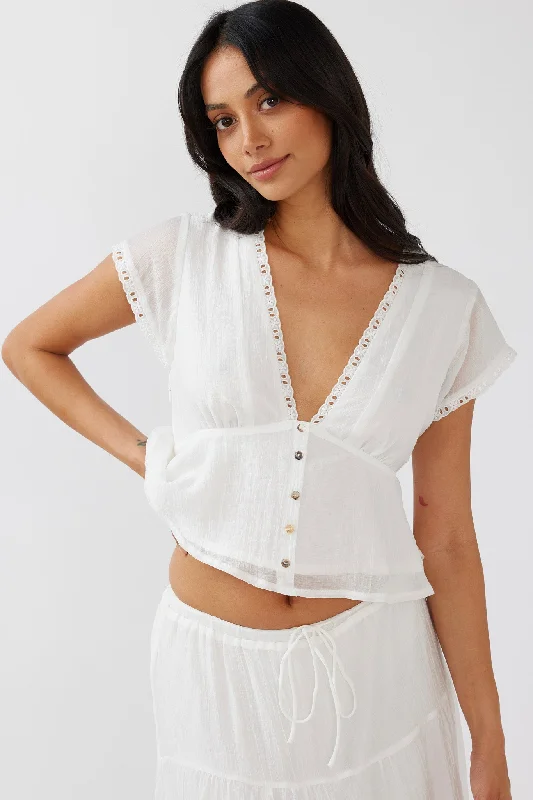 Azura Scalloped Lace Trim Top White