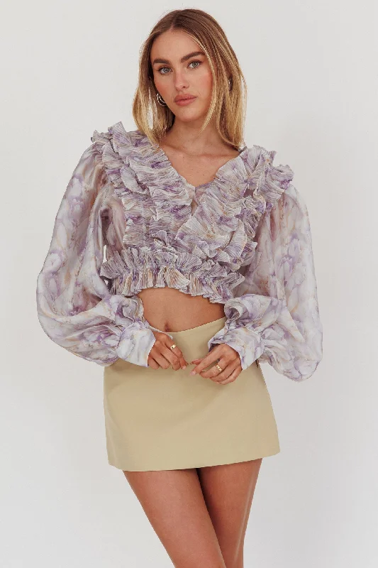 Forever Young Balloon Sleeves Cropped Blouse Purple Multi