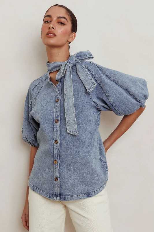 Notice Me Puff Sleeve Neck Bow Top Denim Blue