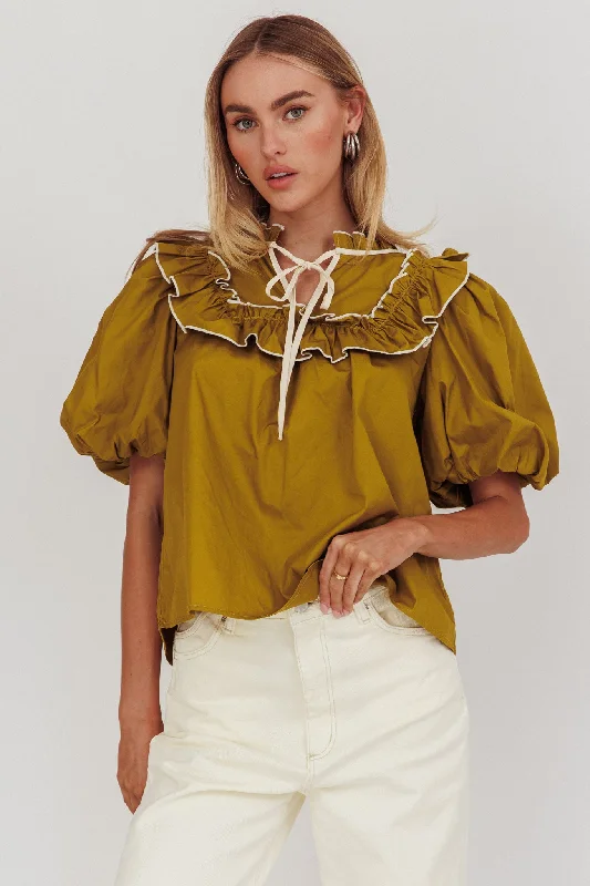 Remarkable Puff Sleeve Tied Neck Top Olive