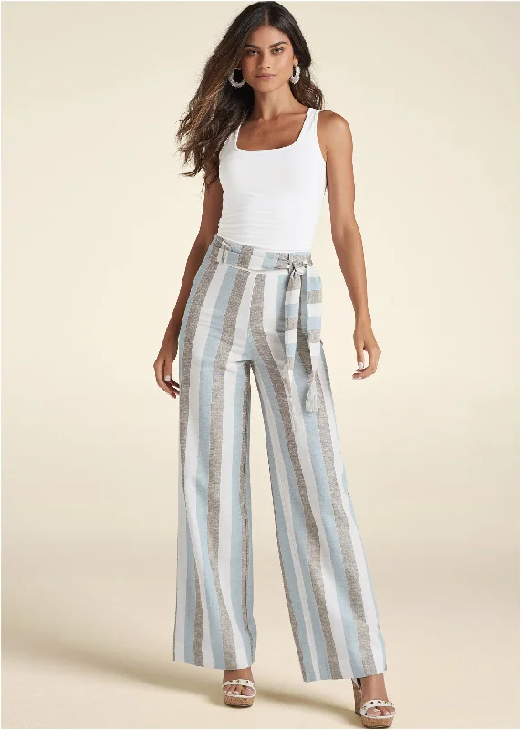 Striped Wide Leg Linen Pants With Belt With Self Belt - Light Blue Multi