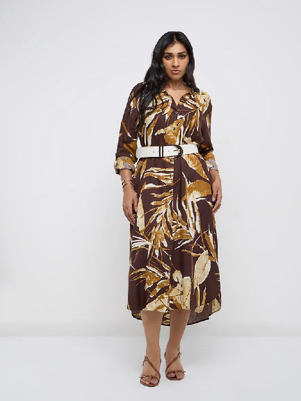 Gia Dark Brown Botanical Printed Shirt Dress