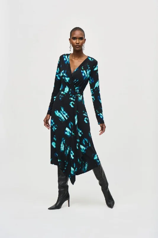 Joseph Ribkoff Black/Multi Abstract Print Faux Wrap Midi Dress 243147