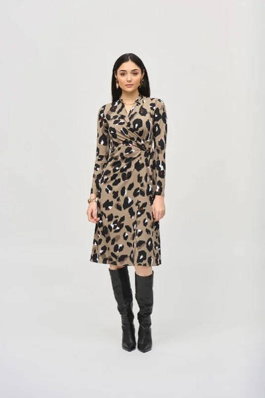 Joseph Ribkoff Black/Multi Animal Print Faux Wrap A-Line Dress 243173