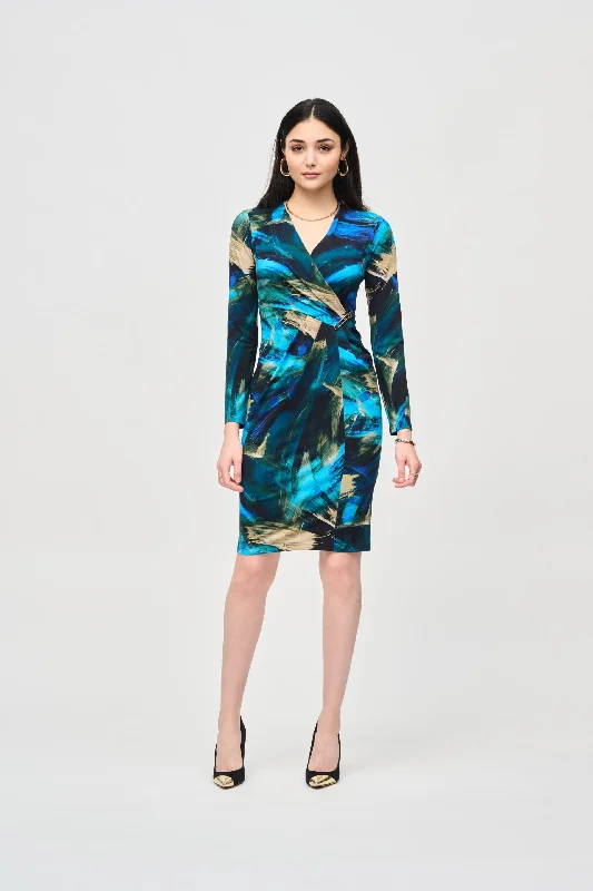 Joseph Ribkoff Black/Multi Brushstroke Print Faux Wrap Sheath Dress 243072