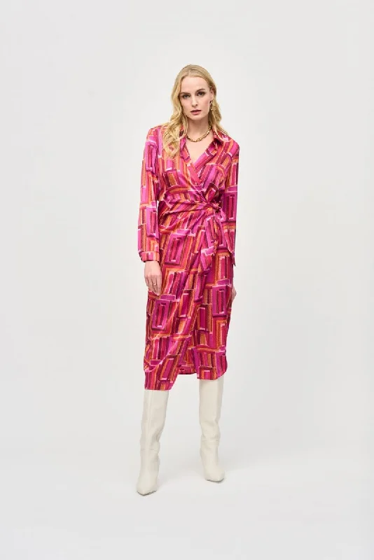 Joseph Ribkoff Pink/Multi Geometric Print Satin Midi Wrap Dress 243182