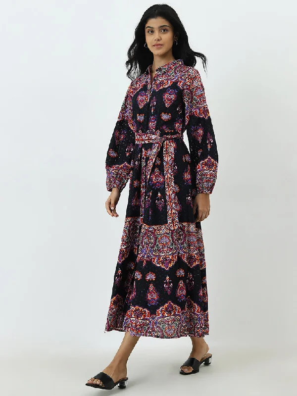 LOV Black Schiffli Printed A-Line Cotton Dress with Belt