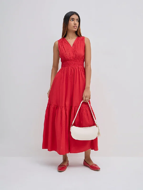 LOV Red Cotton Tiered Dress