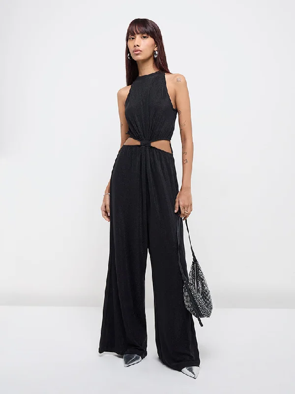 Nuon Black Shimmering Cutout Detailed Jumpsuit