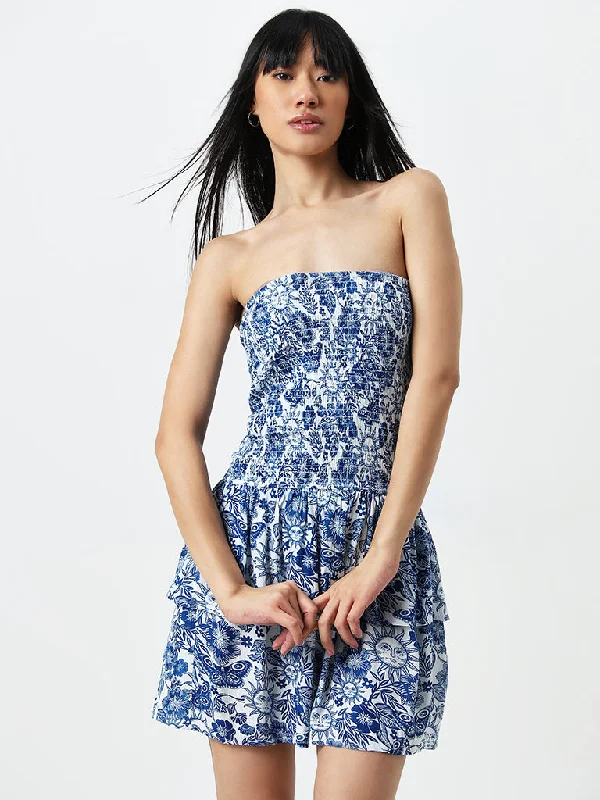 Nuon Blue Floral Printed A-Line Dress