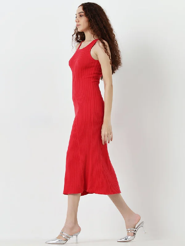 Nuon Red Ribbed Textured Cotton Straight Dress