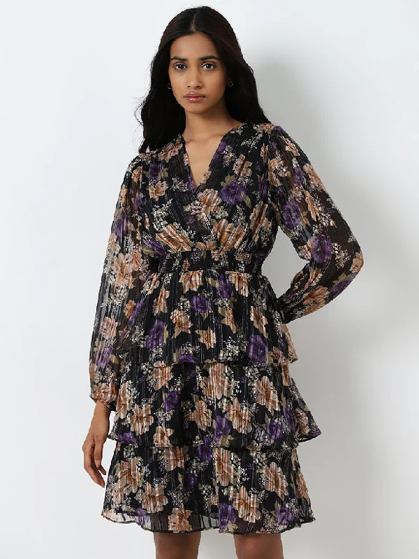 Wardrobe Black Floral Ruffled A-Line Dress