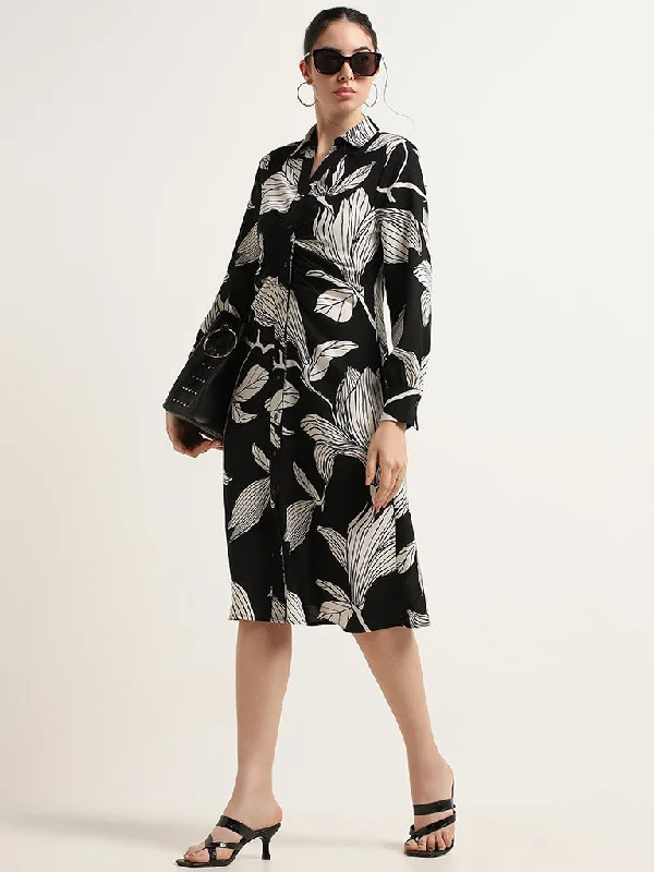 Wardrobe Black Printed Polyester Shirt Dress