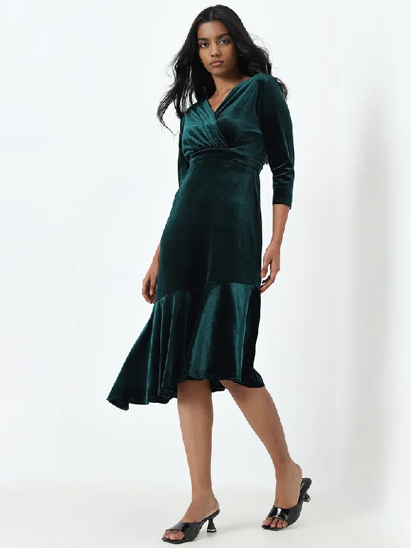 Wardrobe Green Velveteen Tiered Dress