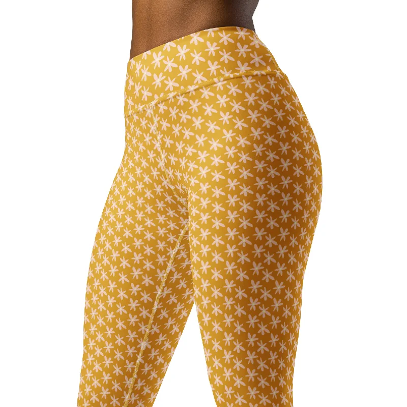 70s Vintage Daisy Print Yoga Leggings - UPF Sun Protection, Yellow