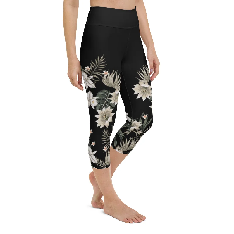 Women's UPF 50 Cropped Swim Pant, Black Hawaiian Lily Swim Capri Leggings