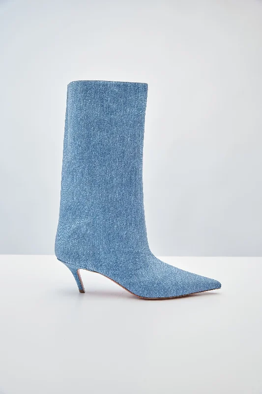 Amina Muaddi Fiona Boot in Suede Denim