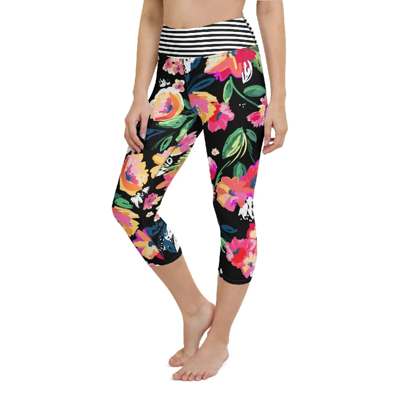 UPF 50 Swim Capri Leggings, Rose Garden Black