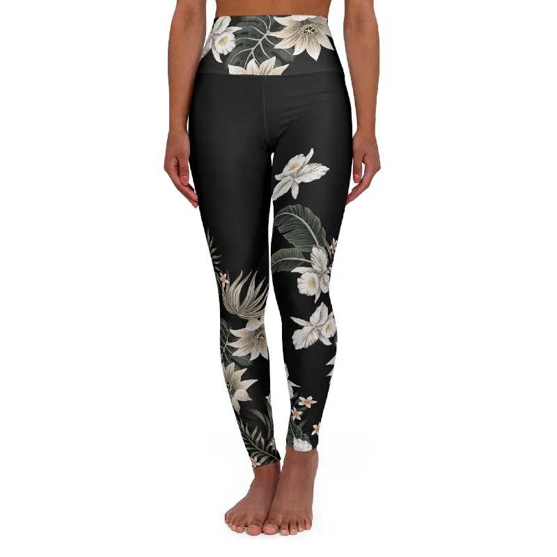 Womens High Waisted Surf Swim Paddleboard Leggings, Black Hawaiian Lily