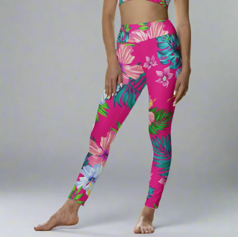 Women's Hot Pink Hawaiian Floral Swim Leggings, UPF50+