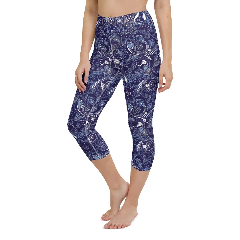 Women's UPF 50 Leggings - SUP, Surf Paddle Board Swim Leggings -Blue Paisley