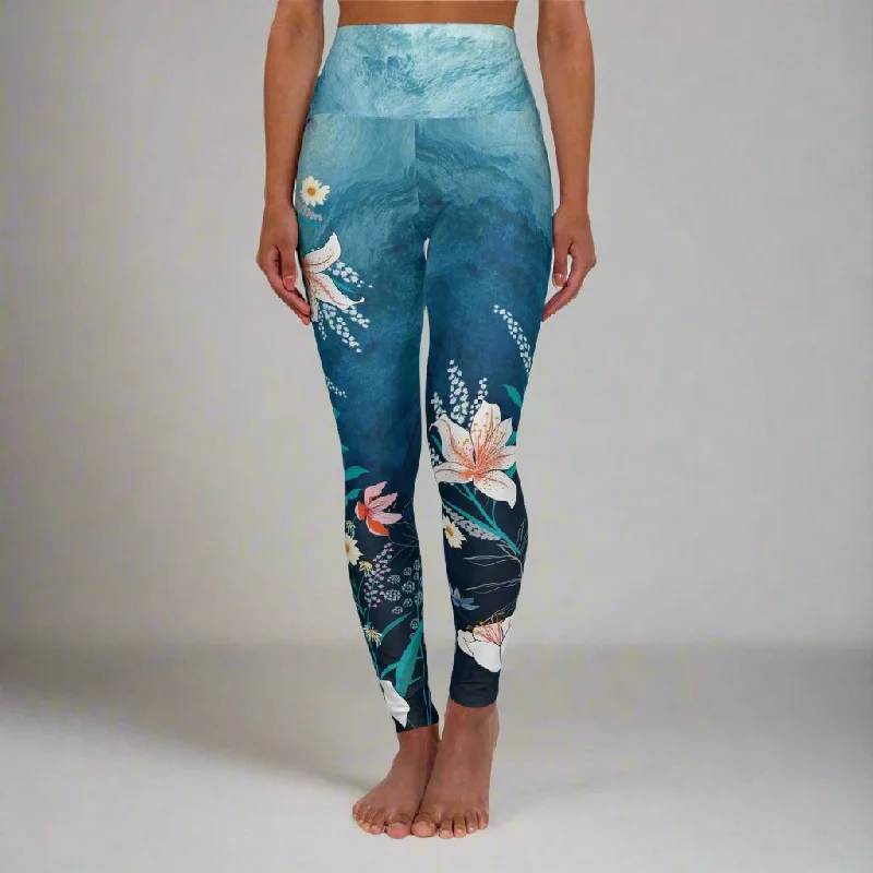 Women's Swim Leggings, Surf Swim PaddleBoard, Ocean Floral